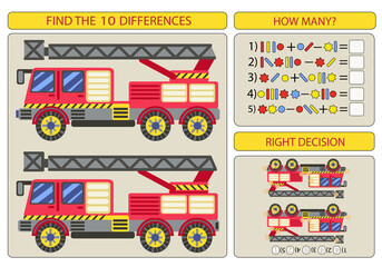 Difference game with fire truck. Children worksheet. Mathematical exercise. Vector illustration.