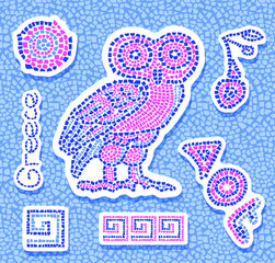 Vector stickers in ancient Greek style. Mosaic illustration with an owl and pieces of mosaic in the ancient style on an isolated background.