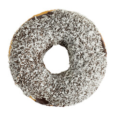 Donut in chocolate glaze and coconut flakes. Isolated on a white background.