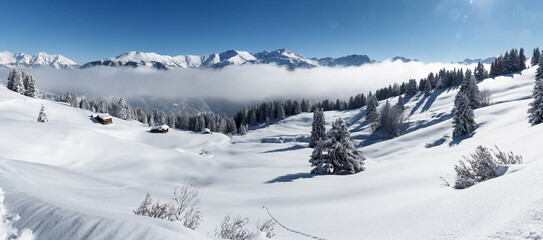 Winter landscape of the Schamserberg and Piz Beverin nature park.