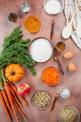 baking ingredients on wood background
