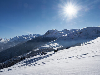 Winter landscape of the Schamserberg and Piz Beverin nature park.