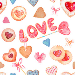 Fototapeta premium Cookies and gingerbread. Seamless pattern. The watercolor images are hand-drawn and isolated on a white background. Valentine's Day.