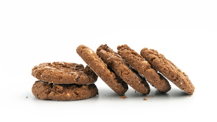 Stack of homemade sweet chocolate cookies on white.