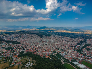 Aerial panoramic view over Kozani city, Greece
