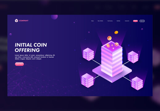 Initial Coin Offering Concept Landing Page with Isometric Crypto Servers on Blue Plexus Array Background
