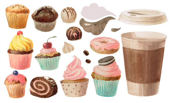 Cupcakes, candy, and coffee. Set. Watercolour. The images are hand-drawn and isolated on a white background. 