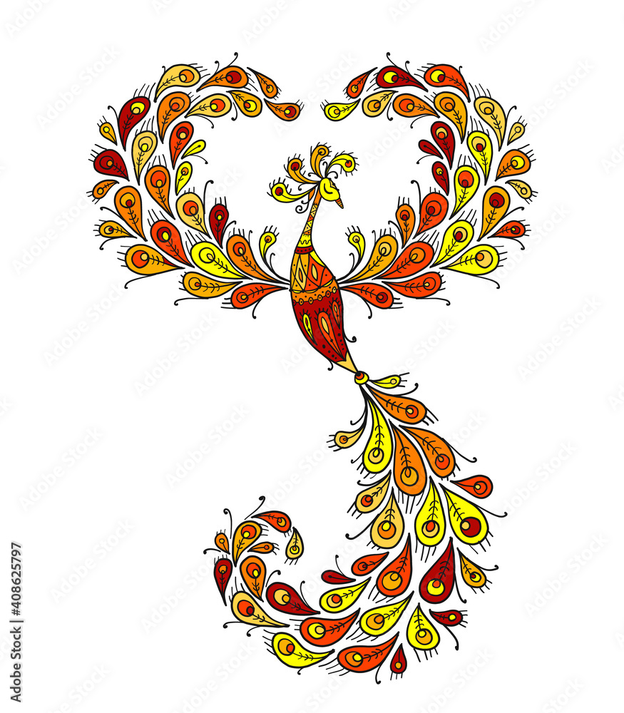 Poster firebird with a majestic tail. phoenix bird. mythical character. ornamental silhouette for your desi