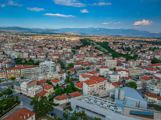 Aerial panoramic view over Kozani city, Greece