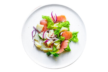 salmon fish seafood salad vegetables lettuce potato ready to eat on the table for healthy meal snack outdoor top view copy space for text food background rustic keto or paleo diet pescetarian