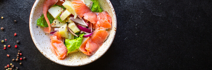salmon fish seafood salad vegetables lettuce potato ready to eat on the table for healthy meal snack outdoor top view copy space for text food background rustic keto or paleo diet pescetarian