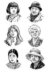 Sketches of various faces young girls and elderly women