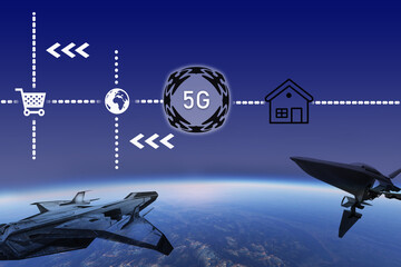 5G concept, spacecraft flying above ground