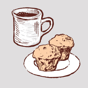 coffee cup muffins plate sketch clip art preview
