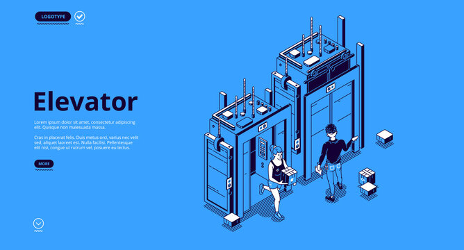 People in elevator isometric landing page. Characters use passenger or freight lift, man and woman stand at closed and open doors with parcel, business center, mall hall 3d vector line art web banner