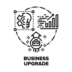 Business Upgrade Vector Icon Concept. Analyzing Business Strategy And Researching Infographic, Exchange Idea And Upgrading. Company Innovation And Update Software Black Illustration