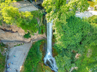 Aerial panoramic view of the powerful waterfalls of Edessa and the surrounded area in Edessa city, Greece