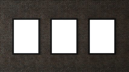 Three empty frames in a room against a white brick wall. 3d rendering