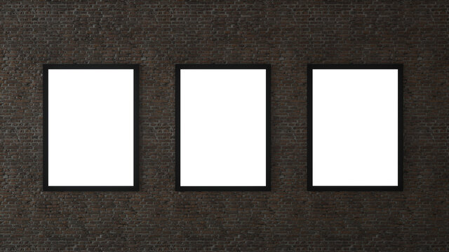 Three empty frames in a room against a white brick wall. 3d rendering