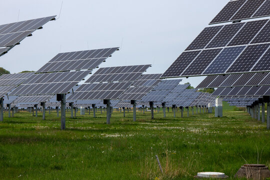 View of modern solar systems near the river Mulde in the district Muldentalkreis between the cities Doebeln and Grimma, Germany Europe