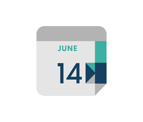 June 14 flat daily calendar date, 14 June Single Day Calendar  Icon