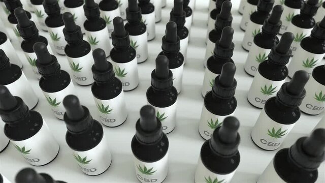 Seamless Loop of A lot of CBD oil bottles with marijuana or cannabis oil leafs in between. White brackground. an assembly line, essential oils, hemp oil, bottles. 4k loop. stocks of weed