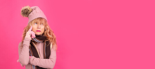 thoughtful adult woman isolated on color background