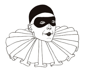 Head of smiling Pierrot wearing skull cap, eye mask and frilled collar. Illustration after drawing from the 20s - obrazy, fototapety, plakaty