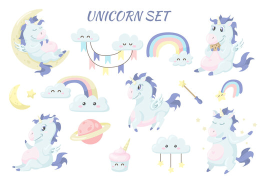 Set of cute pastel illustrations of unicorns with different magical elements. 