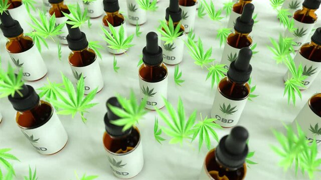 Seamless Loop of A lot of CBD oil bottles with marijuana or cannabis oil leafs in between. White brackground. an assembly line, essential oils, hemp oil, bottles. 4k loop. stocks of weed