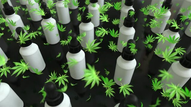 Seamless Loop of A lot of CBD oil bottles with marijuana or cannabis oil leafs in between. White brackground. an assembly line, essential oils, hemp oil, bottles. 4k loop. stocks of weed