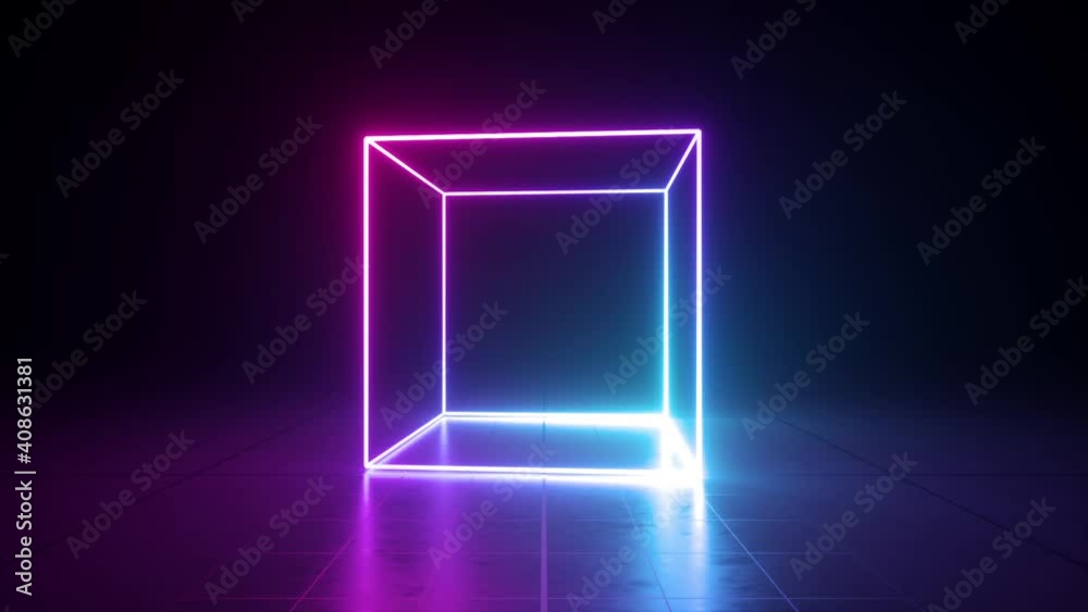 Wall mural loop animation of virtual neon light glowing cube spins and rotates, changes colors