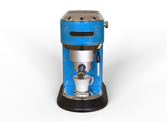 Front view of a blue espresso coffee machine on white background. 3D render.