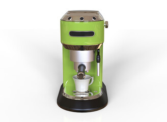 Front view of a light green espresso coffee machine on white background. 3D render.