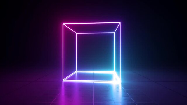 loop animation of virtual neon light glowing cube spins and rotates, changes colors