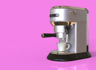 A silver espresso coffee machine on pink background with space for text. 3D render.