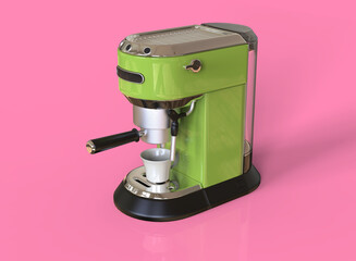 A green espresso coffee machine on pink background. 3D render.