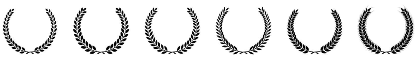Fototapeta premium Set black silhouette circular laurel foliate isolated on white background, depicting an award, achievement, heraldry, nobility, Emblem floral greek branch flat style 