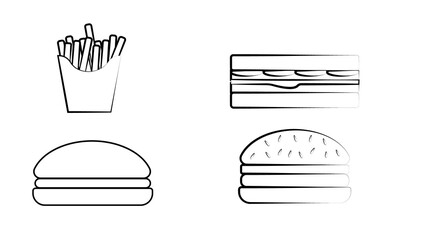 Fast food set hand drawn vector illustration. Hamburger, cheeseburger, sandwich, pizza, chicken, taco, french fries, hot dog, doughnuts, burrito and cola engraved style, sketch isolated on white