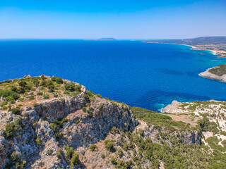 Fototapeta na wymiar Aerial panorama view of the famous semicircular sandy beach and lagoon of Voidokilia in Messenia, Greece