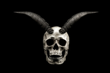 Human skull with black goat horns over head isolated on black background. Satanic symbol. Occultism cocnept.
