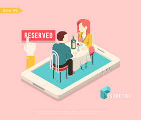 Flat isometric restaurant table on smartphone vector illustration. 3d isometry online mobile reservation app concept.