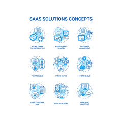 Fototapeta na wymiar SaaS solutions concept icons set. Software-as-a-service idea thin line RGB color illustrations. Regular revenue. Customer base. Free trial marketing. Vector isolated outline drawings. Editable stroke