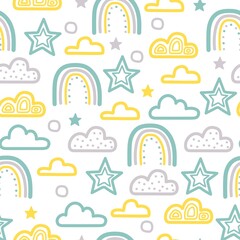 Cute kids nursery rainbow seamless pattern repeat, clouds, stars, sunshine scandinavian print fun and pastel colours. Ideal for baby clothes, textiles, packaging.