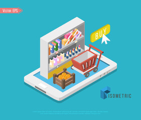 Flat 3d isometric online store e-commerce web infographic concept vector. Internet sale shopping cart, payment, checkout, gift box. Hand hold credit card stick from tablet, paper bag from computer.