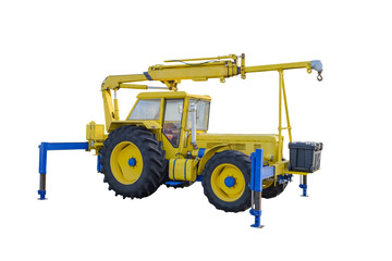 yellow tractor with telescopic boom on supports isolated on white background
