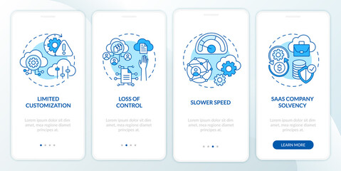 SaaS obstacles onboarding mobile app page screen with concepts. Limited settings, slower speed walkthrough 4 steps graphic instructions. UI vector template with RGB color illustrations