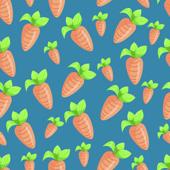 Vector illustration of orange carrots on a blue background. Vegetable decoration. Рattern for fabric Template for Design, Graphics, Postcards, Web. Vegetarian ornament in cartoon style.