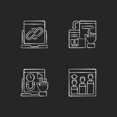 Web analytics chalk white icons set on black background. Fixing broken links on your website. Getting lots of target web traffic. Reffering to other pages. Isolated vector chalkboard illustrations