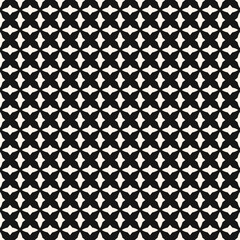 Black and white geometric seamless pattern with small curved shapes, diamonds, crosses, grid, mesh, lattice. Simple monochrome background texture. Repeated design for decor, print, fabric, wallpaper